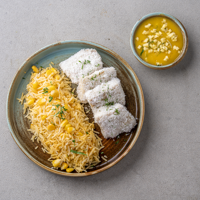 Coconut-Crusted Fish with Mango Salsa & Corn Pilaf